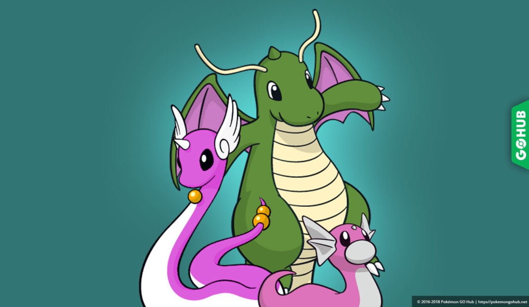 Shiny Dratini, Dragonair and Dragonite in Pokémon GO