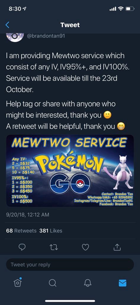 A screenshot of Brandon Tan's Mewtwo service tweet