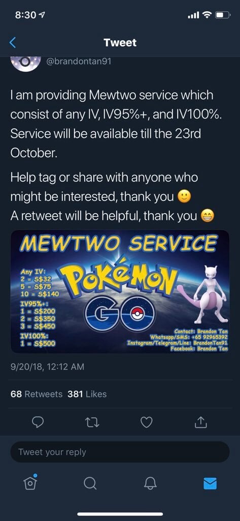 Uno screenshot del tweet del servizio Mewtwo di Brandon Tan