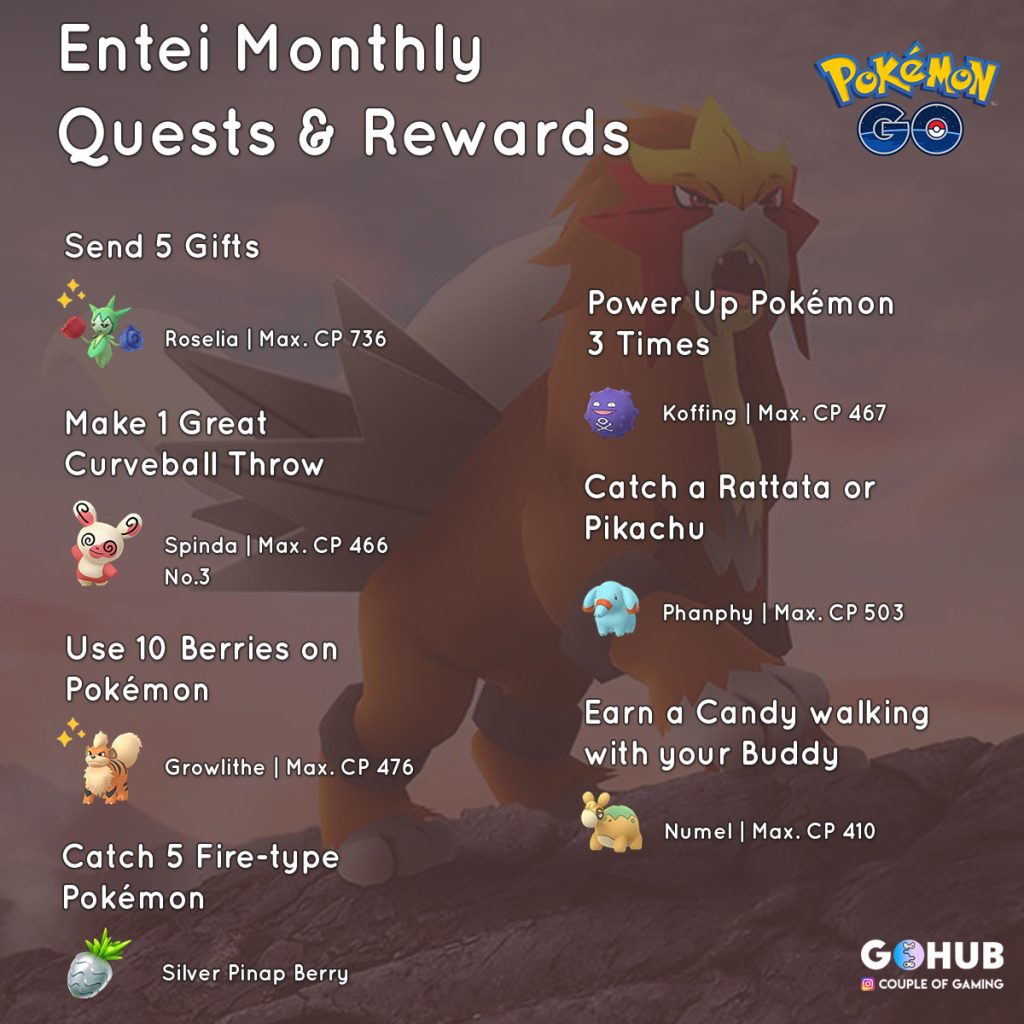 September Field Research Pokemon GO, Entei quests, Silver Pinap Berry, Shiny Growlithe