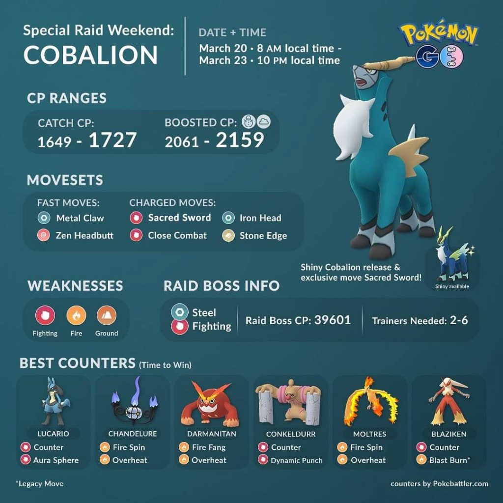 The best Cobalion raid counters are Lucario, Chandelure, Darmanitan, Conkeldurr, Machamp, Blaziken and Moltres