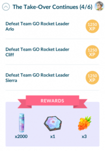 Fourth set of tasks: Defeat Team GO Rocket Leader Arlo, Defeat Team GO Rocket Leader Cliff, Defeat Team GO Rocket Leader Sierra