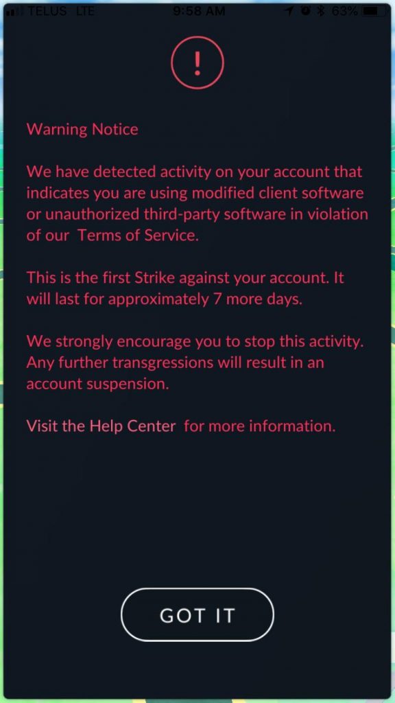 Pokémon GO first Strike warning