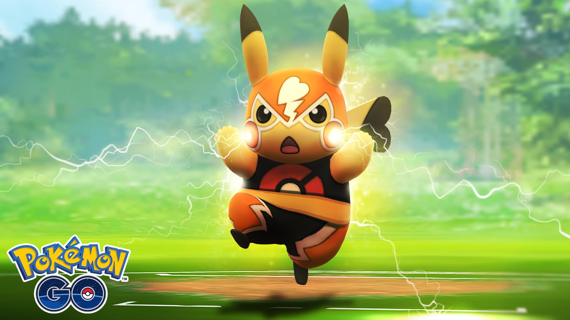 Pikachu Libre releases sparks from their cheeks in battle. In the bottom left of the image is the Pokémon GO logo.