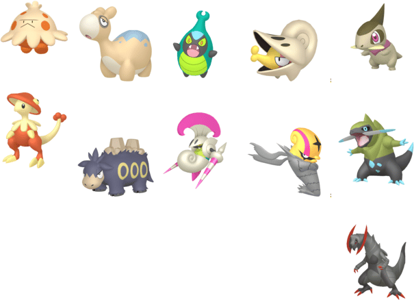 Shiny Shroomish and Breloom, Shiny Numel and Camerupt, Shiny Karrablast and Escavalier, Shiny Shelmet and Accelgor, Shiny Axew, Fraxure and Haxorus