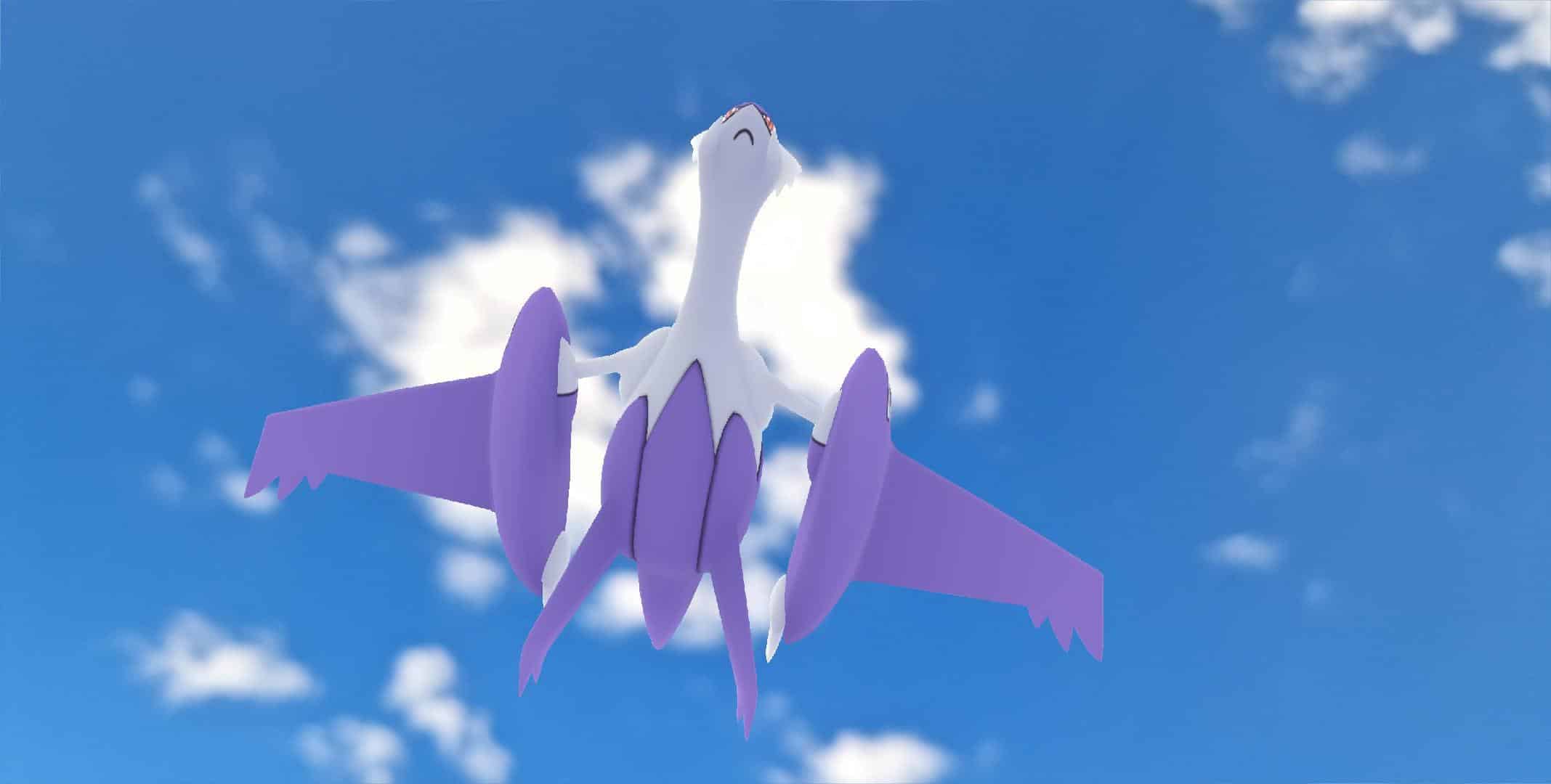 Close up of the Pokémon lugia focusing on the feet in a blue sky background