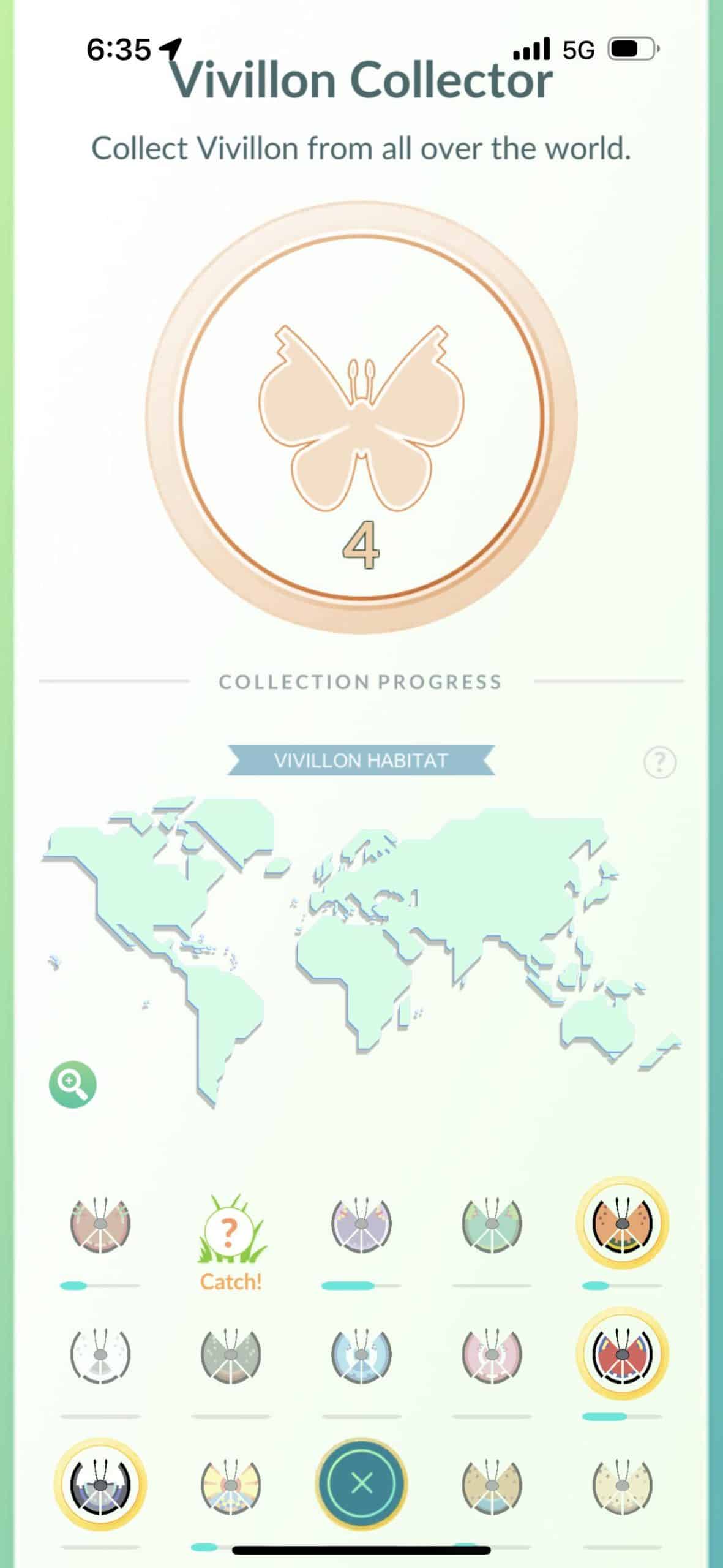 Vivillon Collector medal details screen, showing which Scatterbug pattern you can catch, and how far are you progressing on each variant