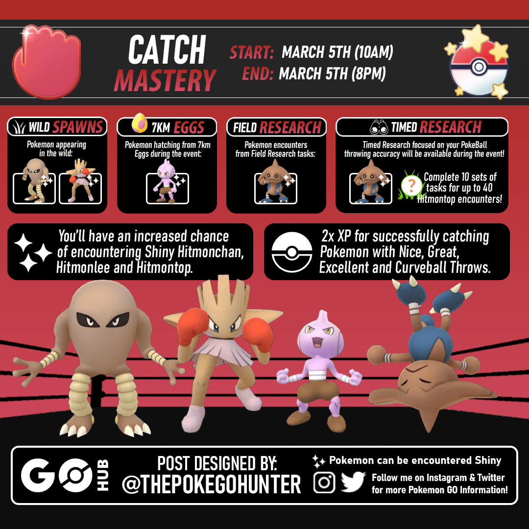 Pokémon GO - Make like a Fighting-type Pokémon and give your skills a  stretch—a Catch Mastery event featuring Hitmontop, Hitmonlee, and  Hitmonchan is coming! 🗓️ March 5, 2023 ⏰ 10:00 a.m. –