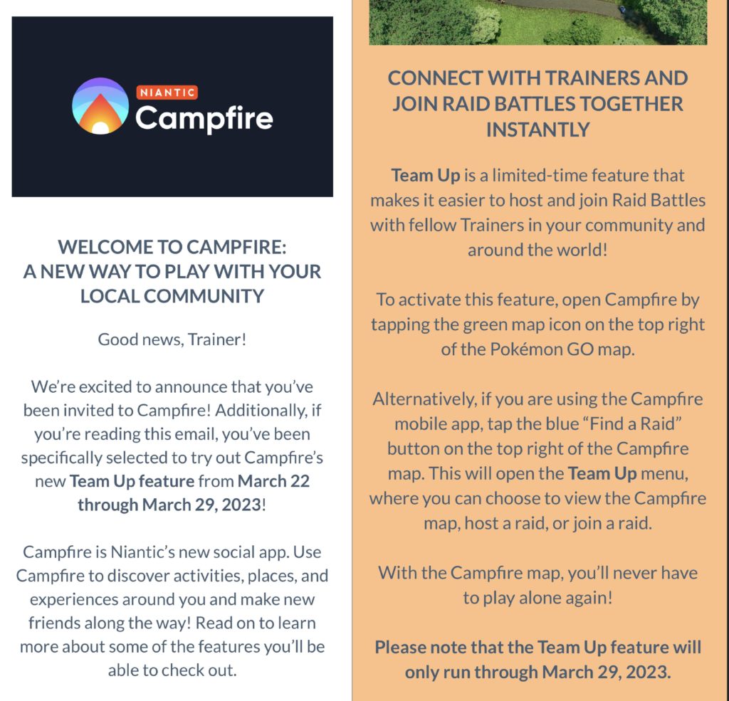 Niantic Campfire Team Up feature test email