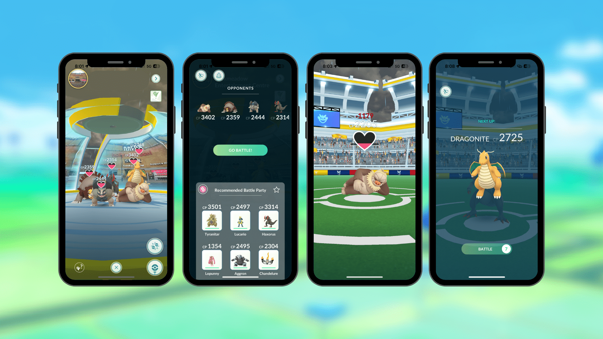 In-game screenshots from left to right 1. Showing Pokémon defending the gym 2. Showing the team selection page 3. Showing Slaking losing motivation 4. Showing next Pokémon auto lined up to battle