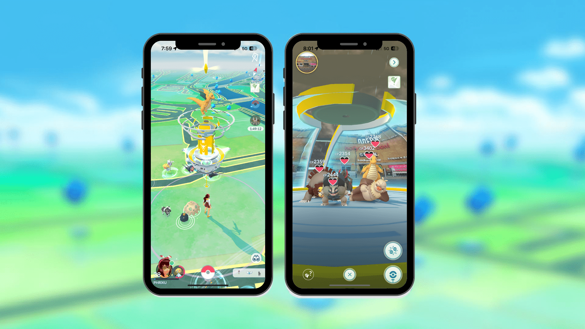 In-game screenshots showing an Instinct held Gym and the Pokémon defending it