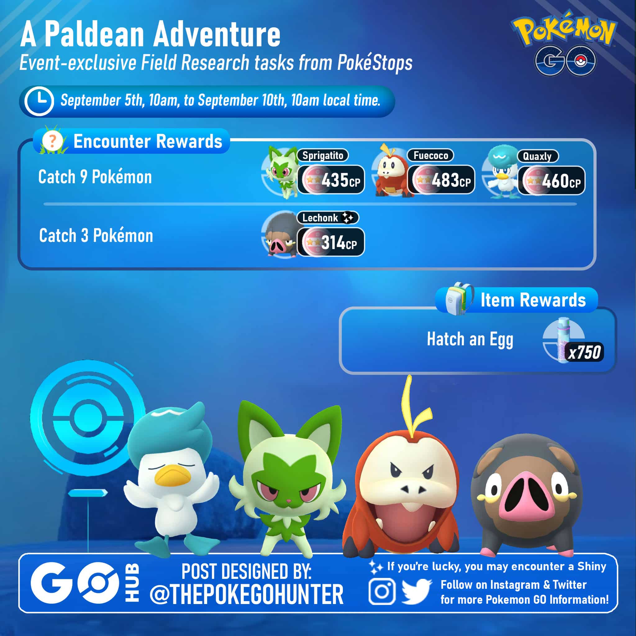 A Paldean Adventure: New Paldea Pokemon & Shiny Lechonk released! 4x Catch  XP & 4x Catch Stardust !!! LEVEL UP THEM ALT ACCOUNTS TO 40 !!! From  Tuesday, Sept 5, 10 AM