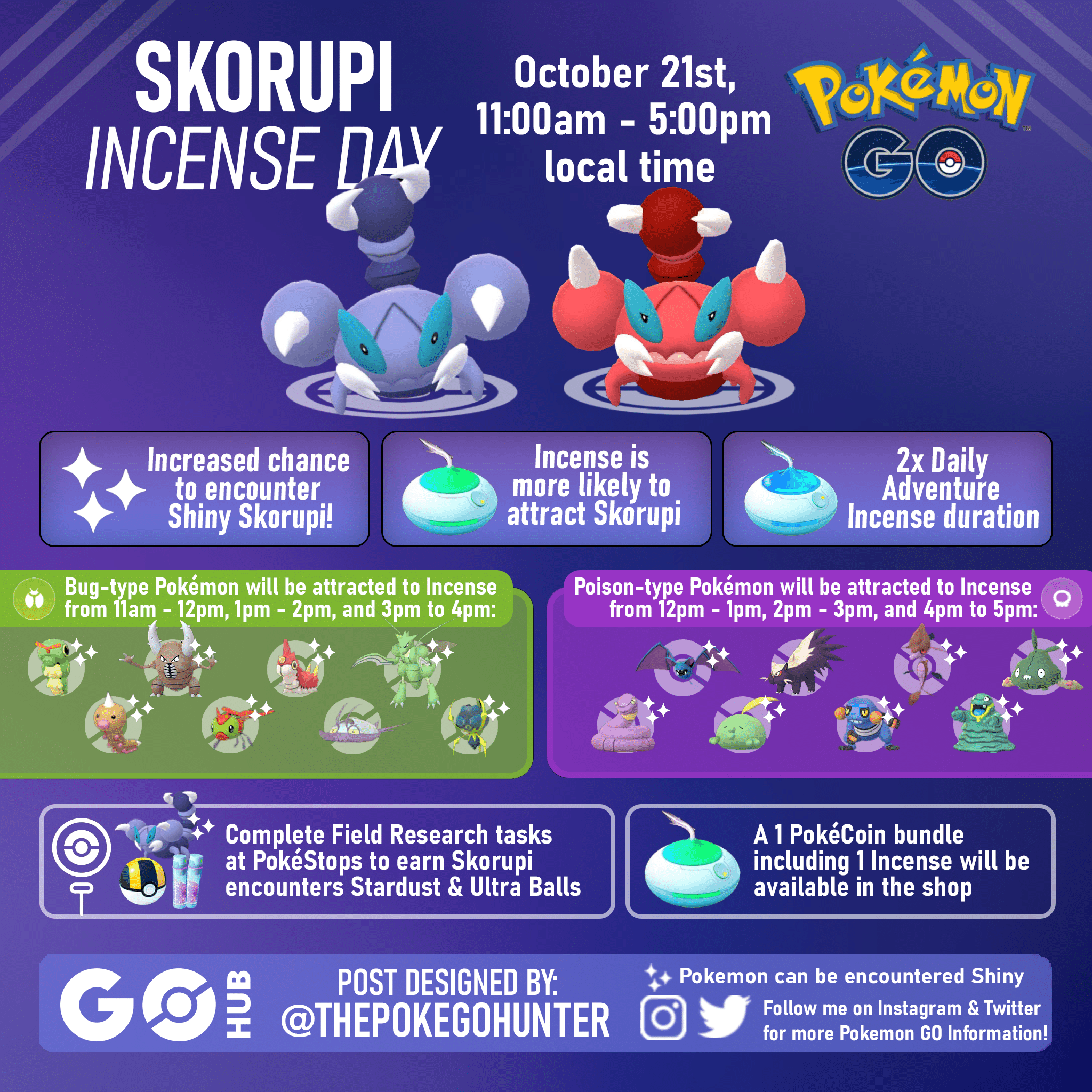 Pokémon GO: Incense Day Skorupi - Todos os encontros com incenso, tempo e  Pokémons