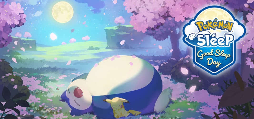 A snorlax sleeps with a Pikachu curled up next to it in a spring meadow. In the top right corner is the Pokémon Sleep logo