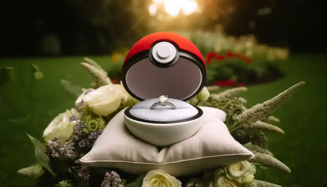 open Pokéball with an engagement ring.
