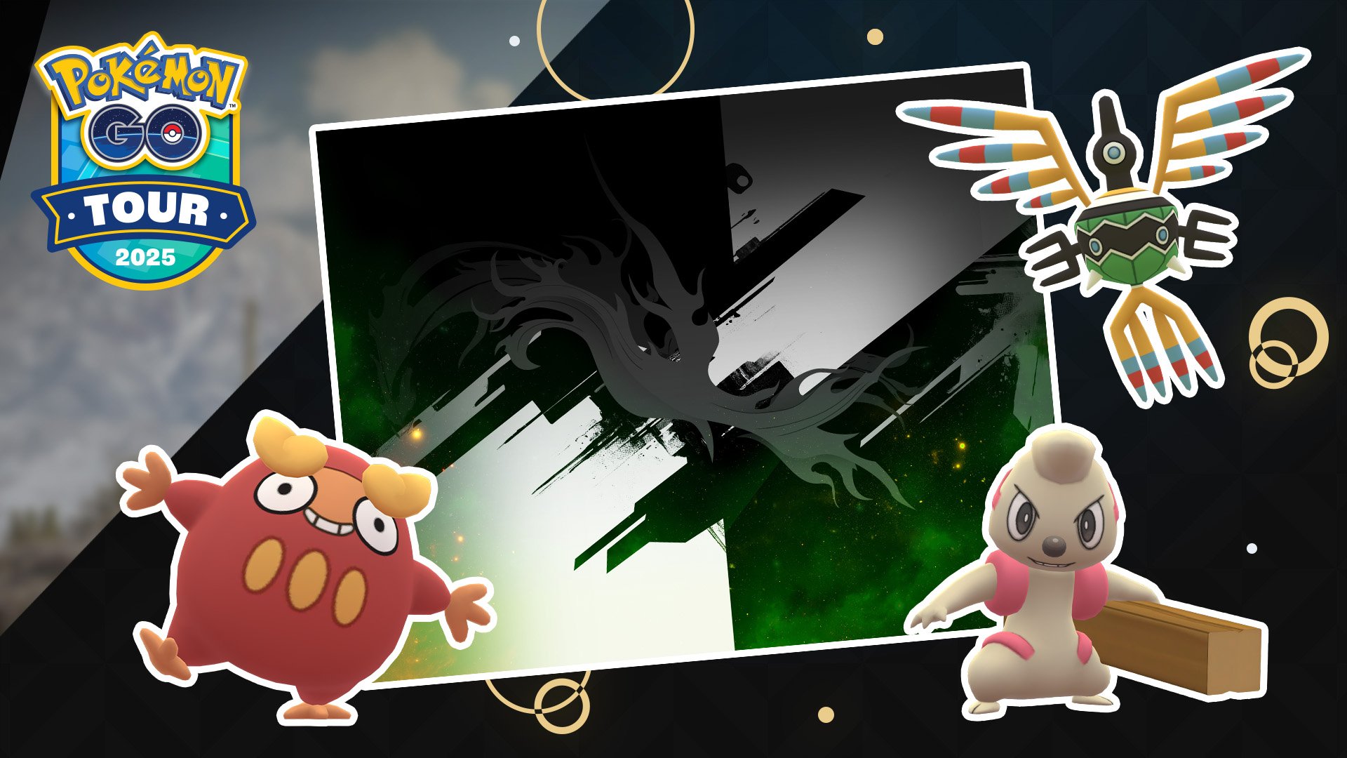 A black and white background has the Pokémon GO Tour 2025 logo in the top left corner. It features a Darumaka, Timburr and Sigilyph.