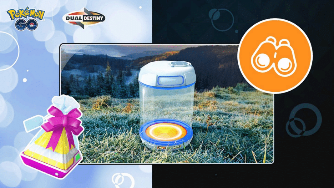 A banner is split into two vertically, the left half is light blue with white see through circles on it. The right is a very dark blue with grey circles on it. In the centre is a photo of a frosty landscape, with an orange and white backpack that is sheer in the middle, carrying a white egg with green patterns on it. It is a 2km Pokémon GO egg. On the left top corner are the Pokémon GO and Dual Destiny logos. Underneath that is an egg incubator and a Pokémon GO gift. On the top right is an orange circle with a silhouette of white binoculars inside it.