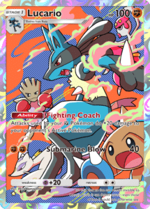 Lucario full art card from the Space-Time Smackdown pokemon TCG Pocket set. It has an orange and blue swirled background featuring Lucario, with Medicham, Hitmonchan, Mienshao and Hitmontop on it. It has the ability Fighting Coach, and the most Subarime Blow with deals 40 damage