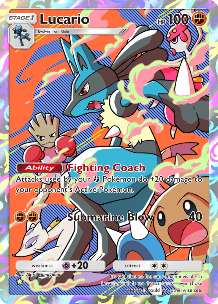 Lucario full art card from the Space-Time Smackdown pokemon TCG Pocket set. It has an orange and blue swirled background featuring Lucario, with Medicham, Hitmonchan, Mienshao and Hitmontop on it. It has the ability Fighting Coach, and the most Subarime Blow with deals 40 damage