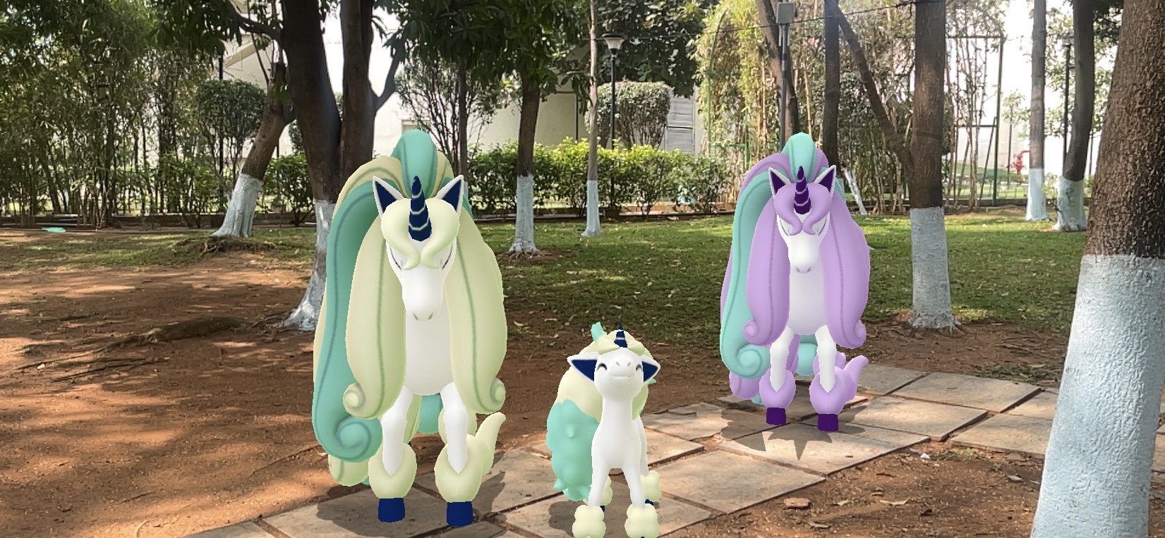 In a park, a shiny Galarian Rapidash lowers the head, next to a shiny Galarian Ponyta who is smiling and lifting their head, next to a non-shiny Galarian Rapidash who is also lowering their head.
