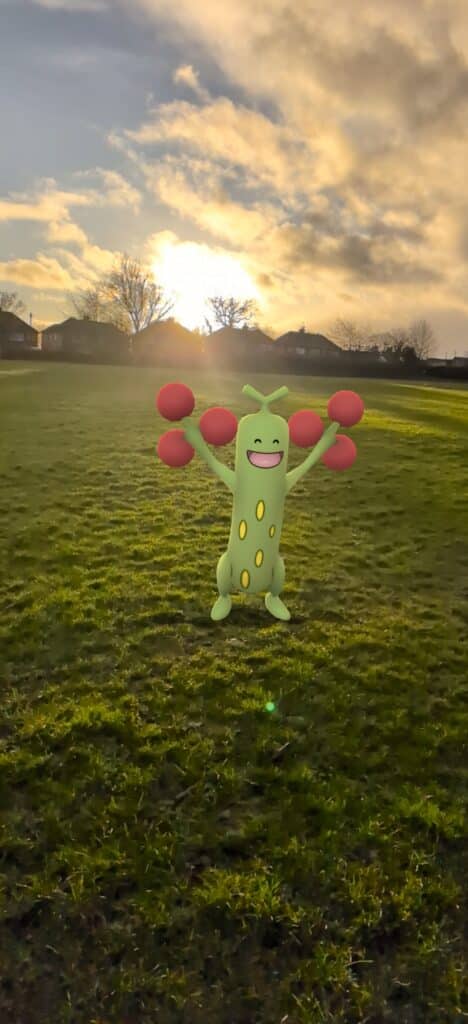 A shiny Sudowoodo raises their arms in excitement in a grassy field. The sun sets in a cloudy sky.