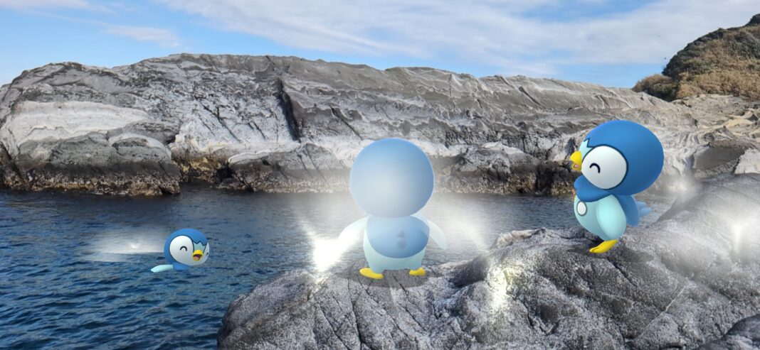 Three purified Piplup are photographed. The setting is a beautiful rocky bay by the sea. One Piplup is swimming in the sea half submerged, the other two watch from the rocks