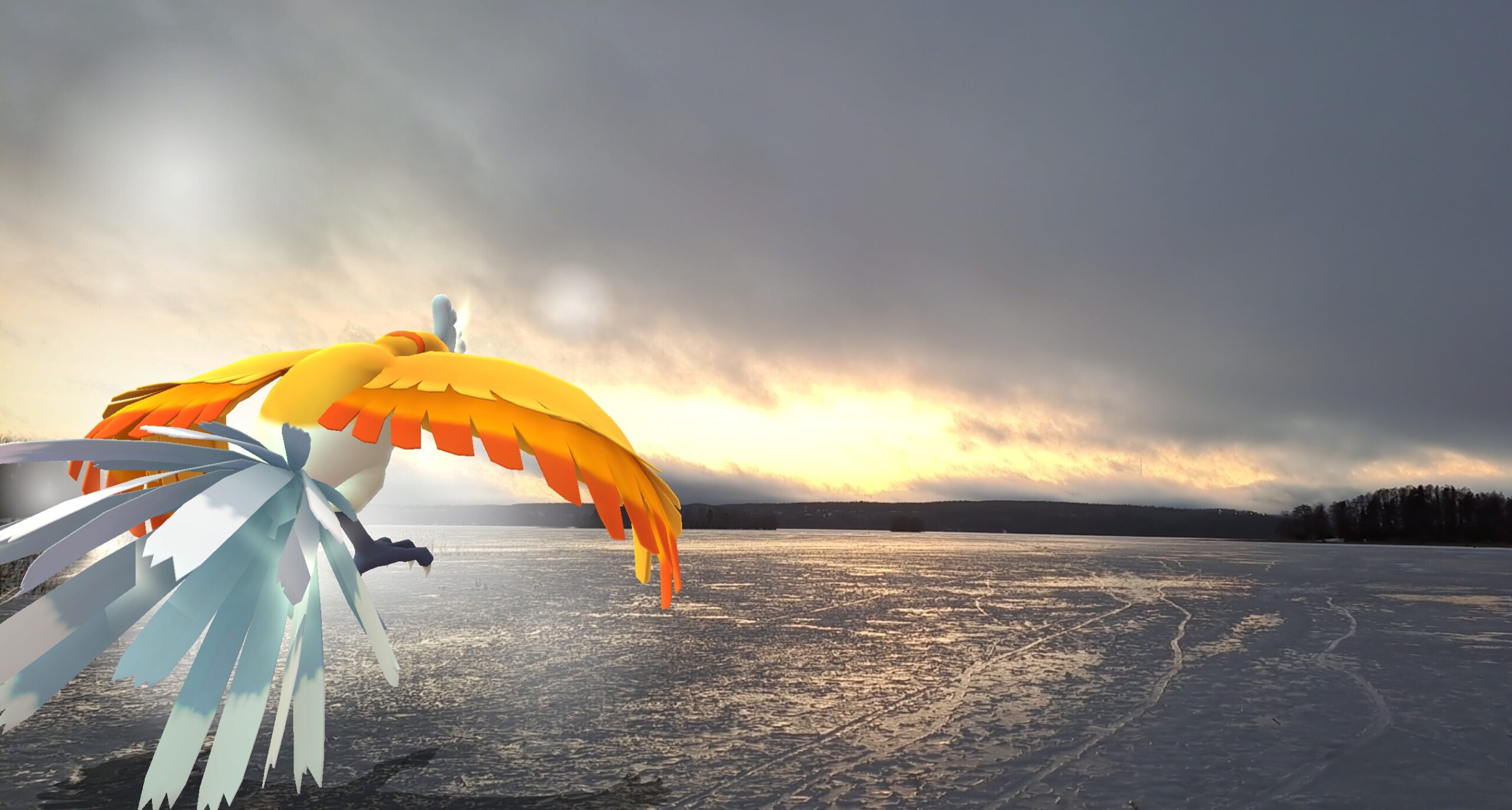 A purified shiny Ho-Oh with their back to the camera flies over a snowy cloud landscape