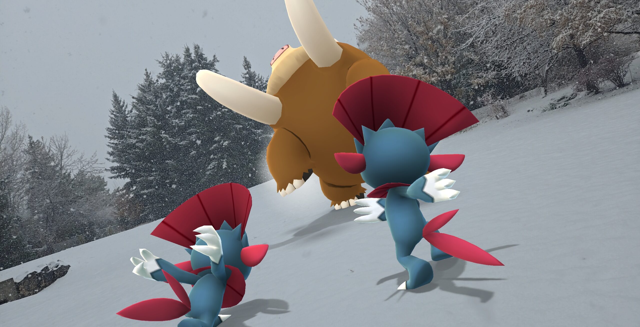 In the snow an epic battle ensures, at the front of the image two Weaviles leap forwards with their back towards the camera, looming forward a purified Mamoswine raises it's front legs in attack