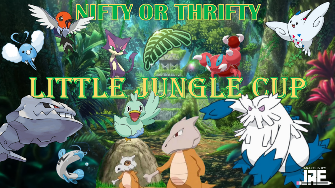 A banner reads LITTLE JUNGLE CUP in the centre. Around it a variety of Pokémon are shown including shiny Skorupi, shiny Abomasnow, Marowak, Cubone, Ducklett, Purrloin, Steelix, Barboach, Swablu and Fletchling in a jungle environment. In the bottom left a logo reads analysis by JRE