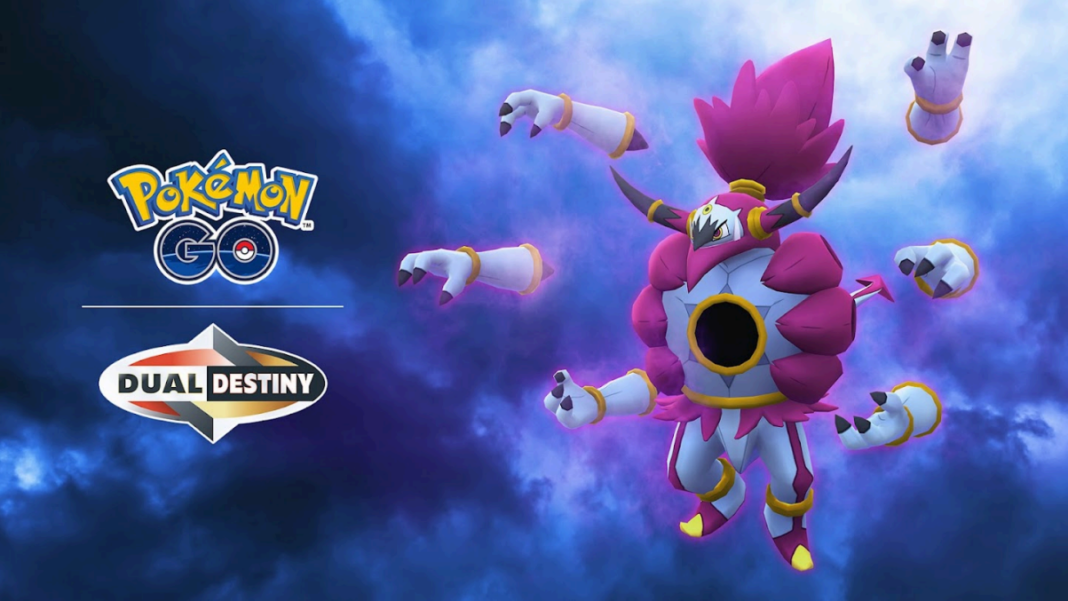 Hoopa Unbound is shown against a dark blue and purple stormy sky. To the left is two logos for Pokémon GO and the Dual Destiny season