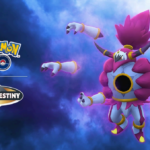 Hoopa Unbound is shown against a dark blue and purple stormy sky. To the left is two logos for Pokémon GO and the Dual Destiny season