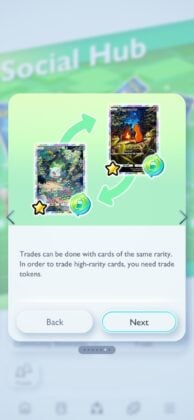 text reads: Trades can be done with cards of the same rarity. In order to trade high-rarity cards, you need trade tokens