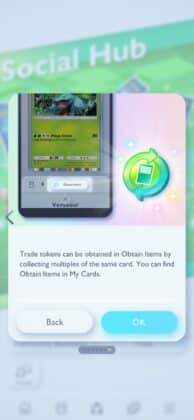 text reads: trade tokens can be otained in obtain items by collecting multiples of the same card. You can find obtain items in My cards