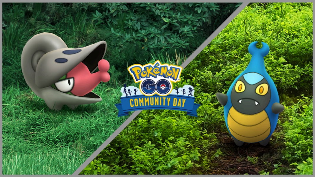 A banner is split in half with a diagonal grey line. On the left a Shelmet is in a grassy field with a bush in the background. On the right is a Karrablast in a bush environment. In the centre a logo reads Pokémon GO Community Day