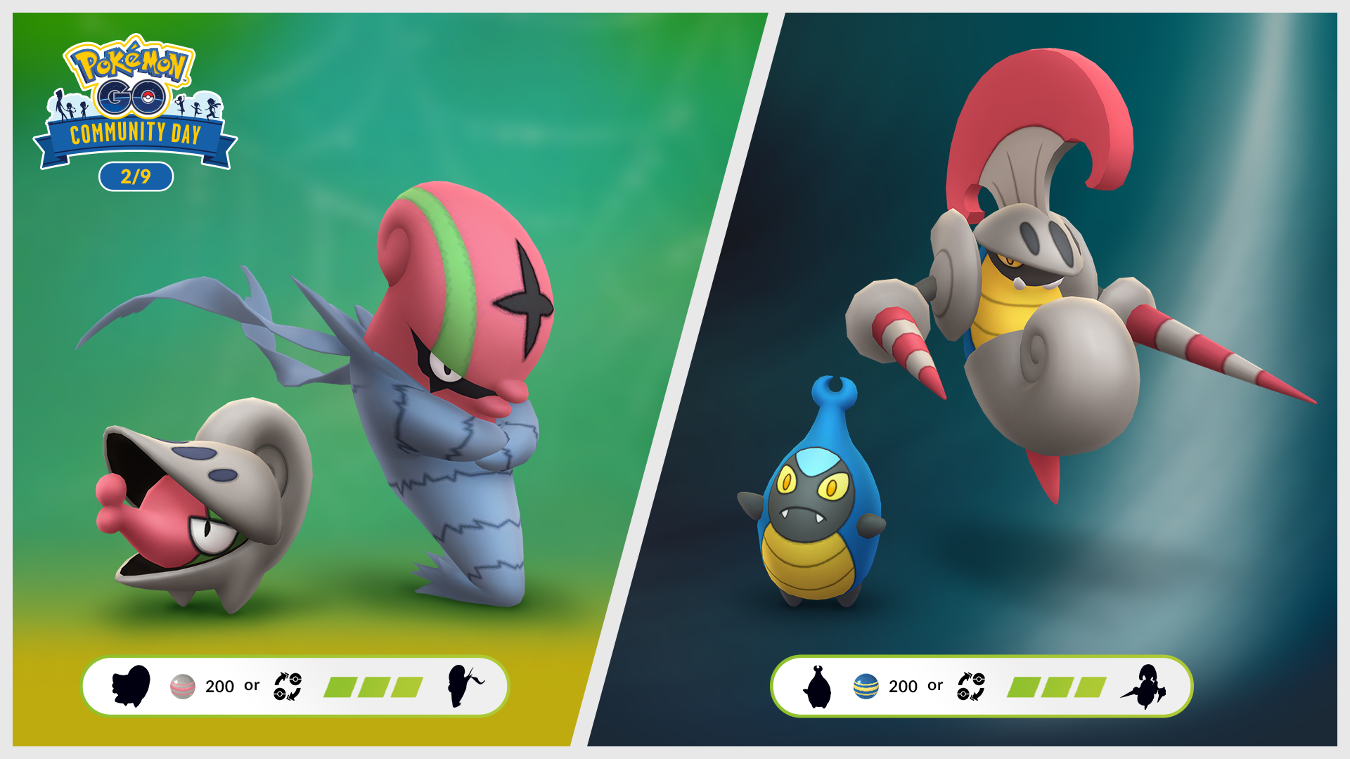 On the left, Shelmet and Accelgor are on a green background. In the top left is a logo reading Pokémon GO Community Day 2/9. Below them is a white banner showing that it takes 200 Candy, or a trade, to evolve into Accelgor. On the right Karrablast and Escavalier are shown with their backs to each other on a deep blue background. Underneath them is a white banner showing it takes 200 Candy or a trade to evolve Karrablast.