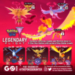 Legendary Fight Event infographic shows Articuno, Zapdos, and Moltres flying, alongside event information
