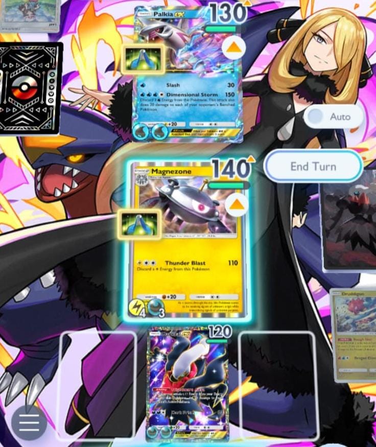 magnezone using thunde rblast on palkia ex in a tcg pocket battle