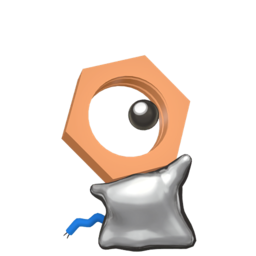 Shiny Meltan looking to the top right of the screen. Its hexagonal nut that makes up its head is more red in colour, while the electrical cable that is its tail has turned blue instead of the usual red.