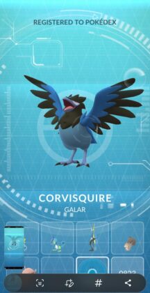 Corvisquire registered to pokedex animation. It is a steely blue background with registered to pokedex written at the top, then Corvisquire Galar underneath the Corvisquire. Below the text is icons for more of the galar region Pokémon