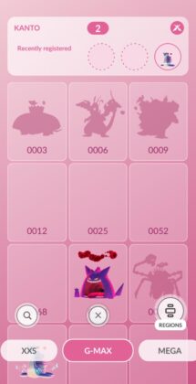 G-Max Pokédex from Pokémon GO shows the Kanto region, with shadows for Venusaur, Charizard, Blastoise and Kingler, with completed dex entries for Gengar and Lapras