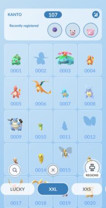 XXL Pokédex from Pokémon GO shows the Kanto region, with shadows for Ivysaur, Metapod, Butterfree, with completed dex entries for Bulbasaur, Venusaur, Charmander family, Squirtle family, Caterpie, Weedle family, Pidget family, Rattata family