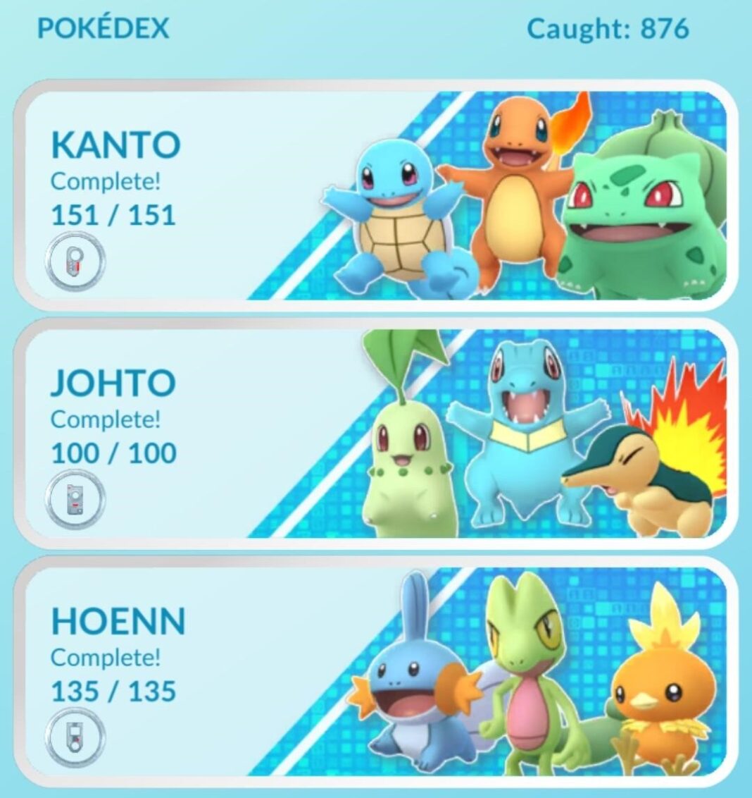 New updated Pokémon GO Pokédex. It is light blue, with POKEDEX Caught: 876 at the top. Underneath are three banners for Kanto, Johto and Hoenn, each show the regions three starter Pokémon jumping happily.