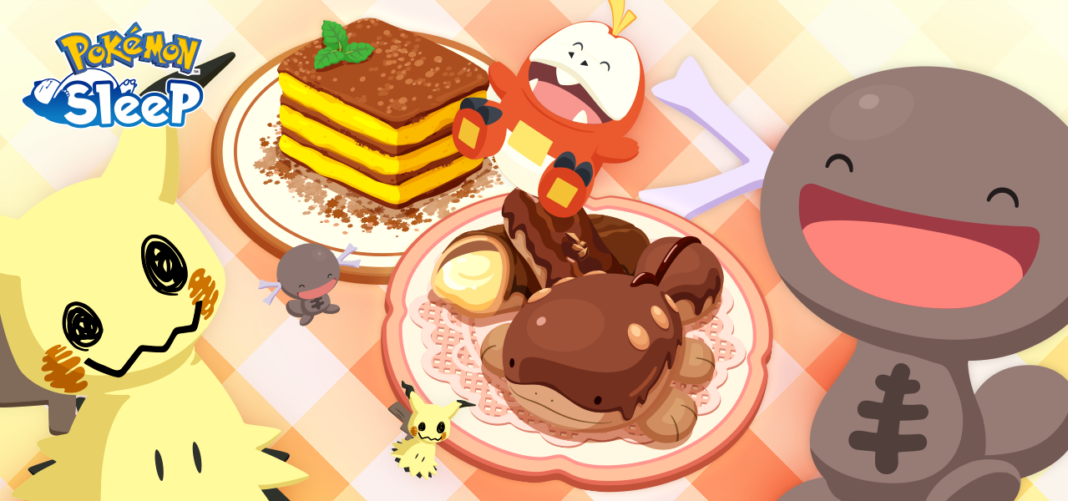 A banner has a traditional picnic blanket style pattern underneath, with a striped chocolate dessert on it, next to another chocolate dessert that forms the shape of Clodsire! Next to the plates a tiny Paldean Wooper and Mimikyu pose. A larger Fuecoco is positioned in the centre at the top of the image above the plates. To the left, the Pokémon Sleep logo is above a much bigger Mimikyu. On the right, a much larger Paldean Wooper laughs widely