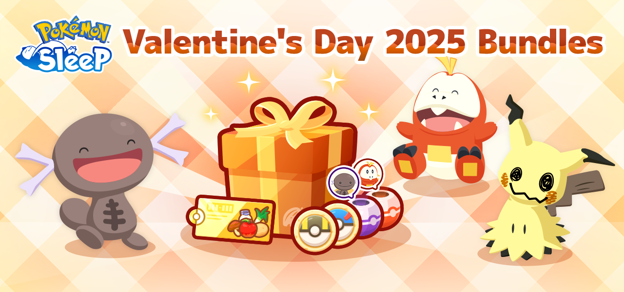 A picnic blanket style background banner. On the left is a happy Paldean Wooper. On the right a Fuecoco and Mimikyu. In the centre an orange present with an ingredient ticket and various poke biscuits and incense around it.  Text at the top reads Pokémon Sleep Valentine's Day 2025 Bundles