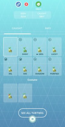 The bottom of Turtwig's Pokédex entry screen, showing all classifications complete