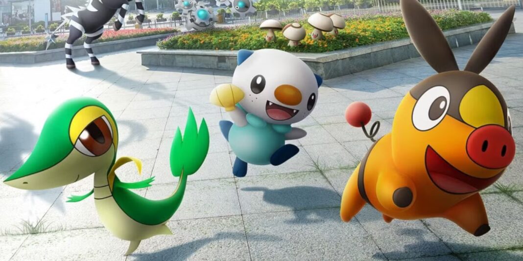 A footpath has a Snivy, Oshawoot and Tepig jumping towards the camera smiling