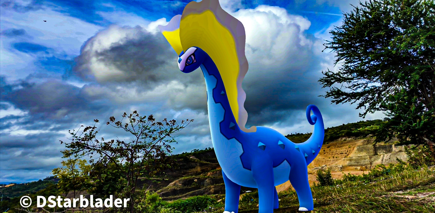 An Aurorus stands on a hill with a deep blue sky and clouds behind