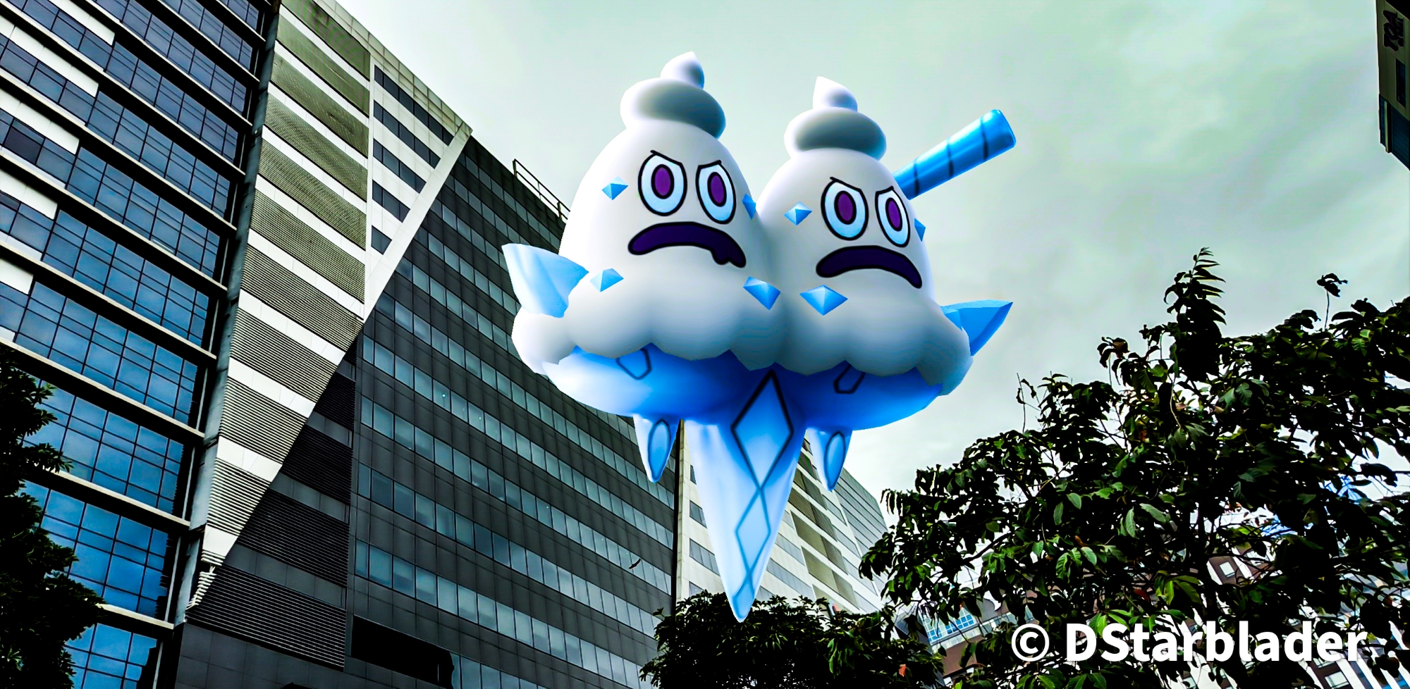 A Vanilluxe floats in front of tower blocks in the city