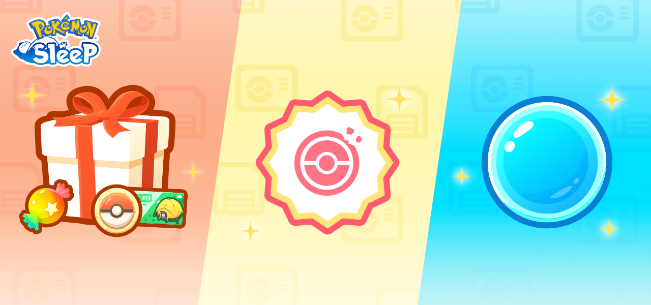 A banner is split into three colours. The left side is red, with a white present with candy, Poke Biscuits and an ingredient ticket around it. In the centre is a yellow section with a Poke Biscuit in it. And on the right, is a blue section, with the Sleep Points icon in it. In the top left is the Pokémon Sleep logo.
