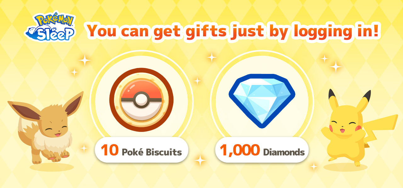 A yellow banner with an Eevee and a Pikachu dancing on each send. In the middle are a Poke Biscuit and a Diamond. The Pokémon Sleep logo is in the top left corner.